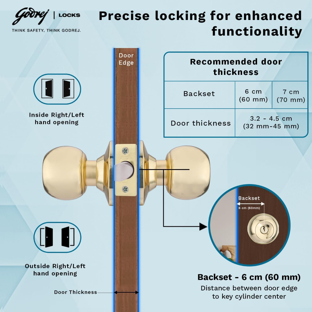 Godrej Cylindrical Lock | 3 Keys |For bedroom doors, Internal Wooden Door | 6cm 60mm Backset | Suitable for Left Right Handed & Inside Outside Opening |Brass Finish | 5 Year Warranty